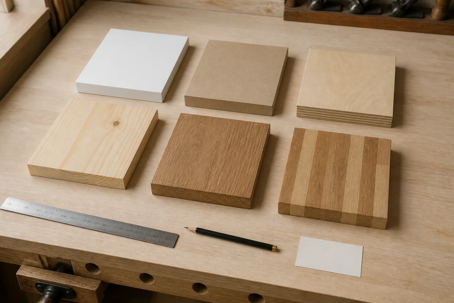 המחשה של דוגמאות MDF, מלמין, לביד, אורן, עץ מלא ובוצ׳ר על שולחן נגר